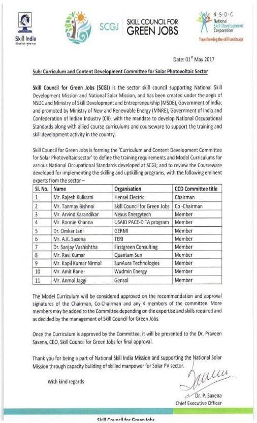 Curriculum & Content Development Committee, Solar PV Sector
