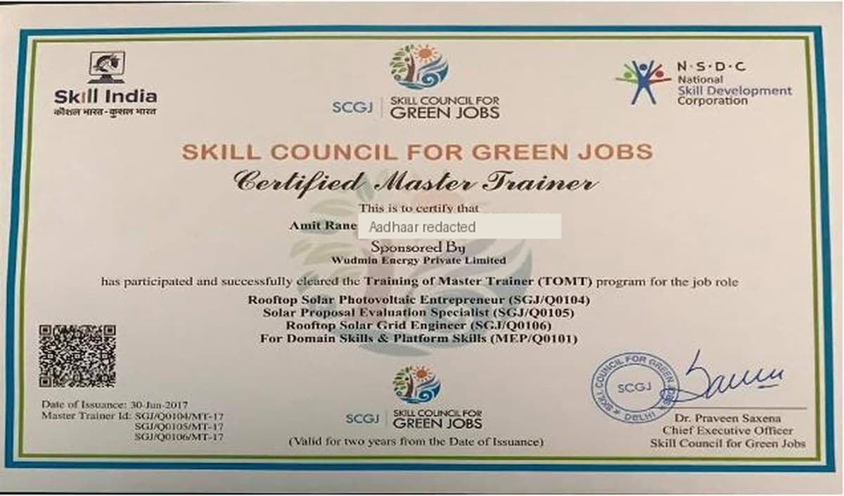 Certified Master Trainer, SCGJ / NSDC